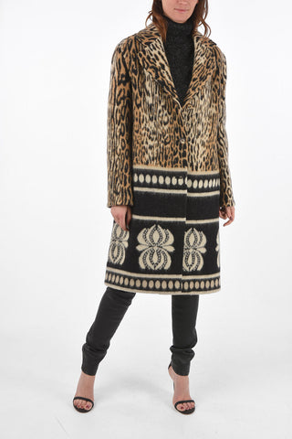 Cappotto Animalier in Misto Lana con Fasce Orizzontali a Contrasto