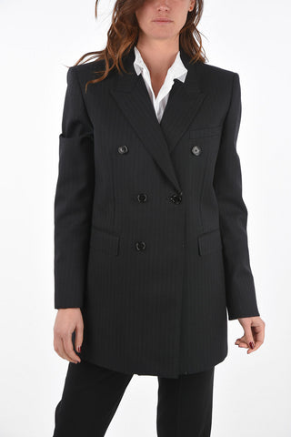 Double-breasted Pinstriped Blazer with Peak Lapel