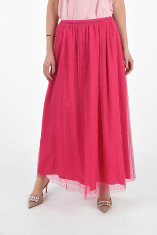 Flared Midi Skirt with Pleated Polka Dot Tulle Outer Layer
