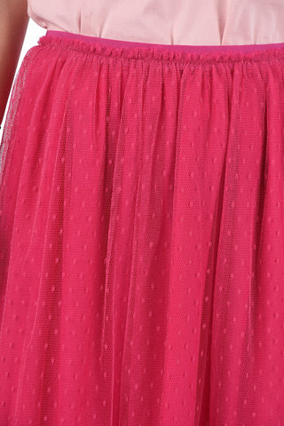 Flared Midi Skirt with Pleated Polka Dot Tulle Outer Layer