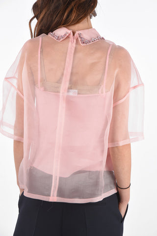 Camicia in Tulle di Seta a Maniche Corte con Colletto Gioiello