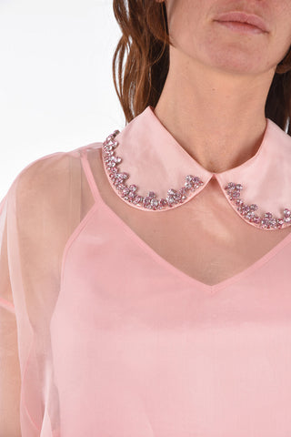Short-sleeved Silk Tulle Shirt with Jewel Collar
