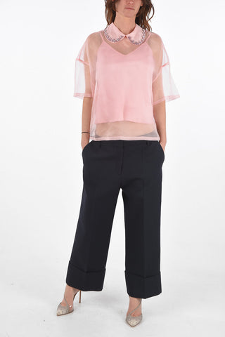 Camicia in Tulle di Seta a Maniche Corte con Colletto Gioiello
