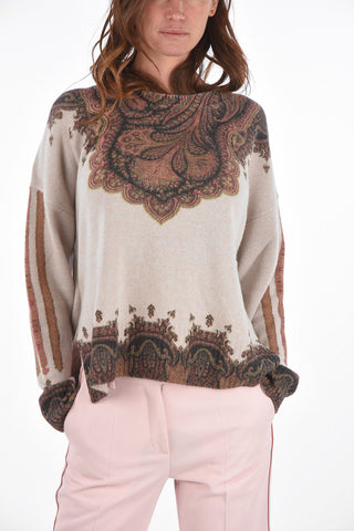 Crew Neck Wool and Cashmere Pullover with Paisley Motif