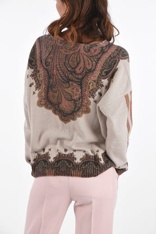 Crew Neck Wool and Cashmere Pullover with Paisley Motif