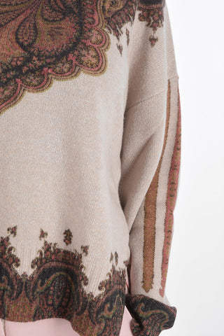 Crew Neck Wool and Cashmere Pullover with Paisley Motif