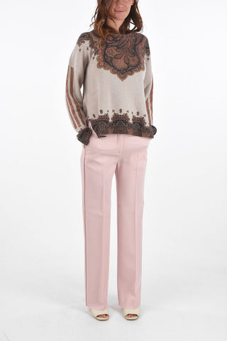 Crew Neck Wool and Cashmere Pullover with Paisley Motif