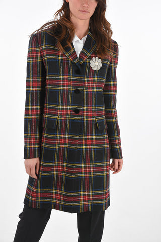 Cappotto Tartan con Dettagli in Velluto e Spilla Gioiello
