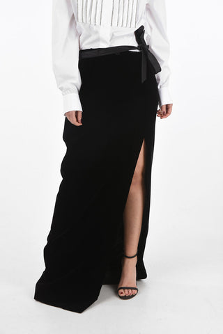 Velvet Long Skirt with Front Split and Silk Belt