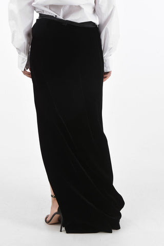 Velvet Long Skirt with Front Split and Silk Belt