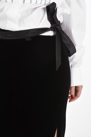 Velvet Long Skirt with Front Split and Silk Belt