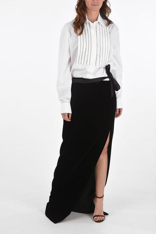 Velvet Long Skirt with Front Split and Silk Belt