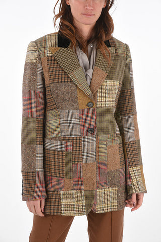 Single-breasted Patchwork Blazer with Peak Lapel and Velvet Details