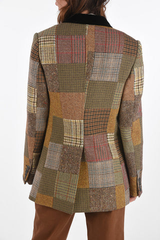 Single-breasted Patchwork Blazer with Peak Lapel and Velvet Details