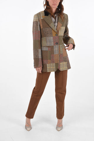 Single-breasted Patchwork Blazer with Peak Lapel and Velvet Details