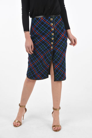 Tartan Virgin Wool Longuette with Front Split and Jewel Buttons