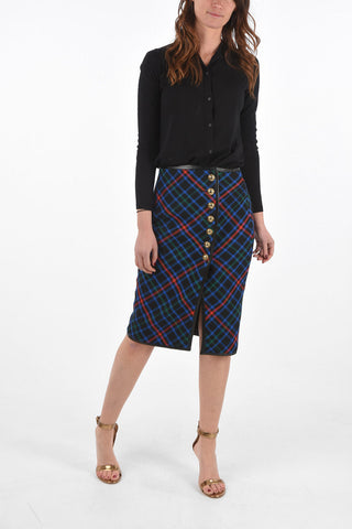 Tartan Virgin Wool Longuette with Front Split and Jewel Buttons