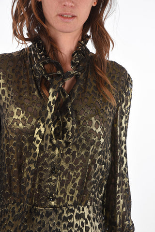 Abito Lungo Jacquard Tie Neck con Gonna a Pieghe