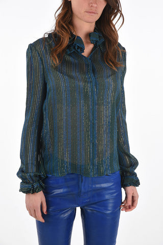 Camicia Gessata in Lurex con Collo e Maniche Arricciati