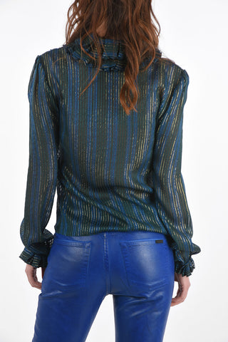 Camicia Gessata in Lurex con Collo e Maniche Arricciati