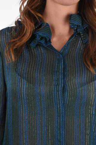 Camicia Gessata in Lurex con Collo e Maniche Arricciati