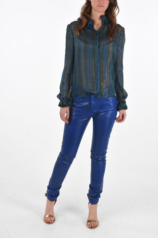 Camicia Gessata in Lurex con Collo e Maniche Arricciati