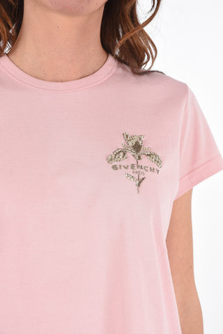 Crew Neck Cotton T-Shirt with Beads Embroidery