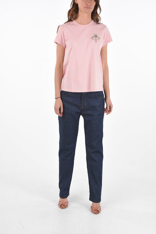 Crew Neck Cotton T-Shirt with Beads Embroidery