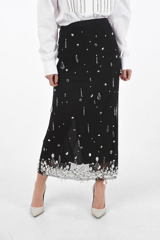 Stretch Tulle Midi Skirt with Applied Crystals
