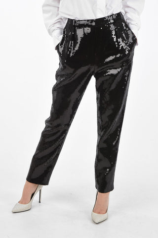 High-waisted Straight Fit Pants with All-Over Sequins