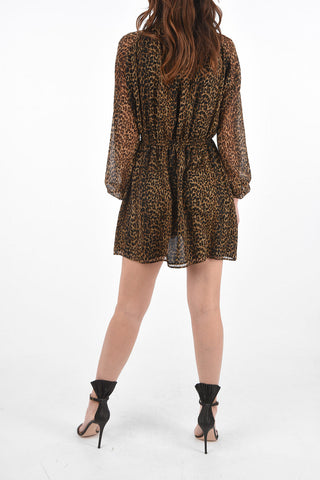 Minidress Animalier con Collo Arricciato e Coulisse