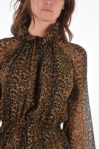 Minidress Animalier con Collo Arricciato e Coulisse