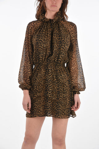 Minidress Animalier con Collo Arricciato e Coulisse