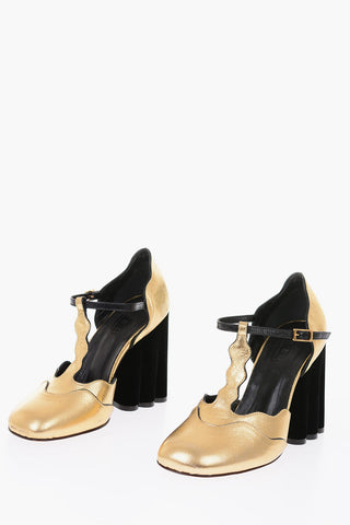 Décolleté T-strap lamé con tacco in velluto 10cm