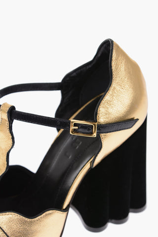 Décolleté T-strap lamé con tacco in velluto 10cm