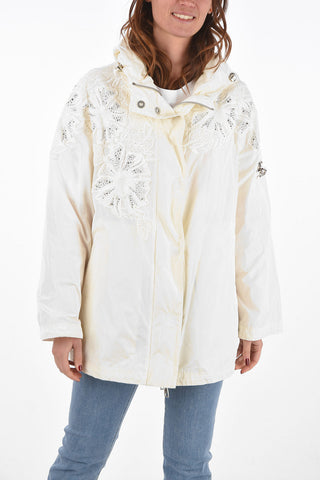 Hooded Windbreaker with Embroideries and Strass