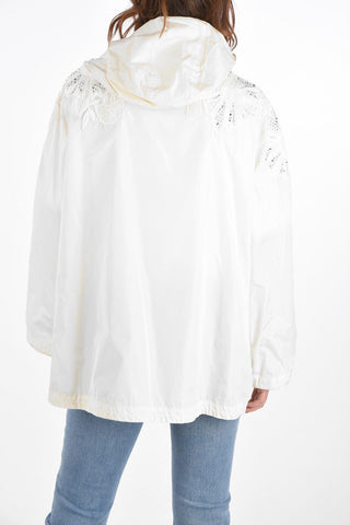 Hooded Windbreaker with Embroideries and Strass