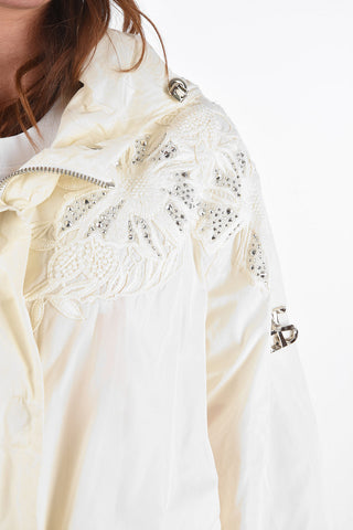 Hooded Windbreaker with Embroideries and Strass