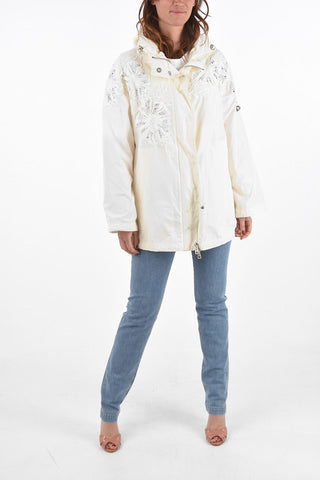 Hooded Windbreaker with Embroideries and Strass