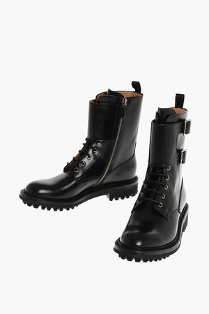 Lace Up Leather Combat Booties with Zip and Buckles