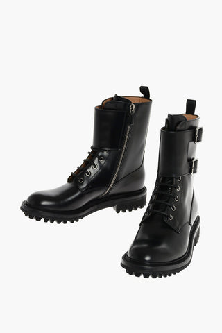 Lace Up Leather Combat Booties with Zip and Buckles