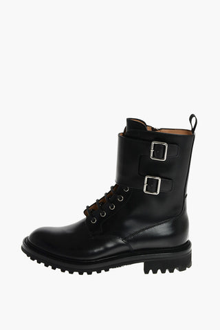 Lace Up Leather Combat Booties with Zip and Buckles
