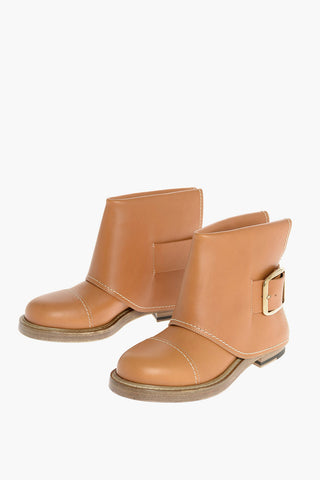 Leather Booties with Buckle and Visible Stitchings