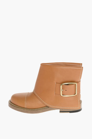 Leather Booties with Buckle and Visible Stitchings