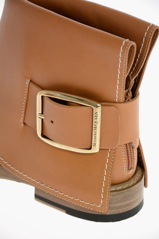 Leather Booties with Buckle and Visible Stitchings
