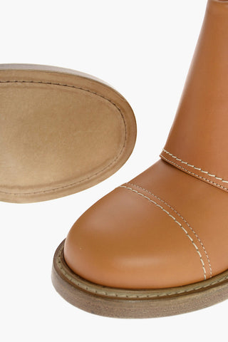 Leather Booties with Buckle and Visible Stitchings