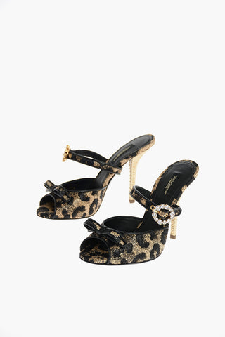 Leopard Sandals with Wicker Effect Heel and Jewel Buckle