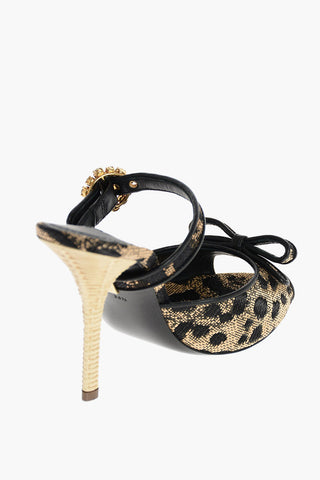 Leopard Sandals with Wicker Effect Heel and Jewel Buckle