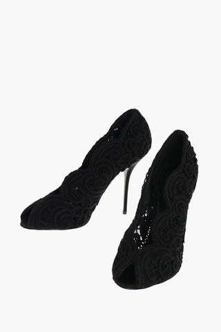 Cord Embroidered Open Toe Pumps