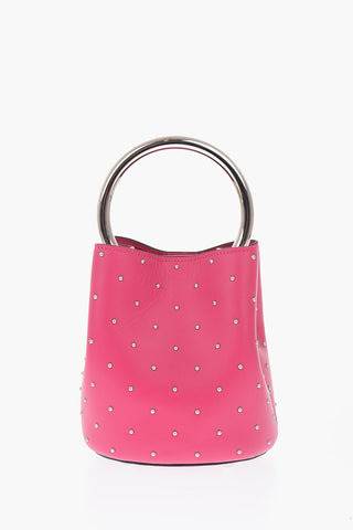 leather studded bucket bag with removable shoulder strap